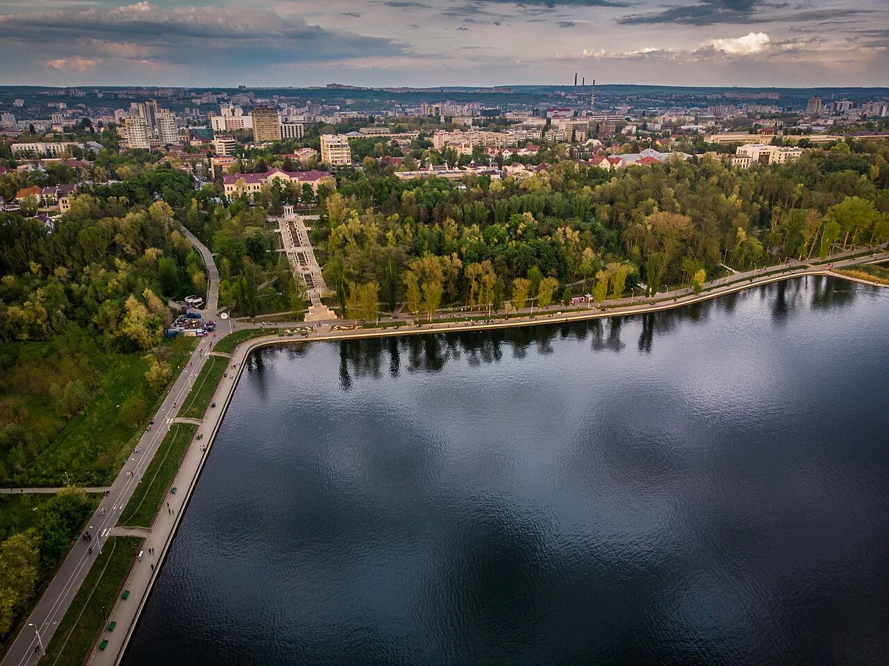 Elevated view of Valea Morilor lake and park in Chișinău; May 2019.