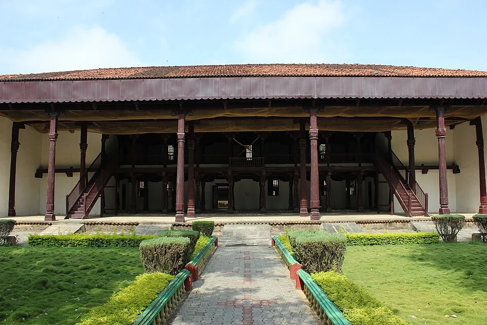 Exterior facade and garden of Shivappa Nayaka Palace in Shivamogga
