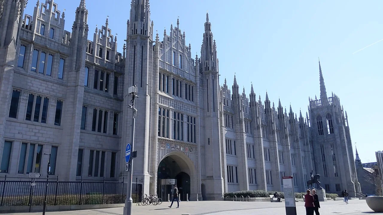 Granite frontage of Marischal College on Broad Street, Aberdeen; April 2023.