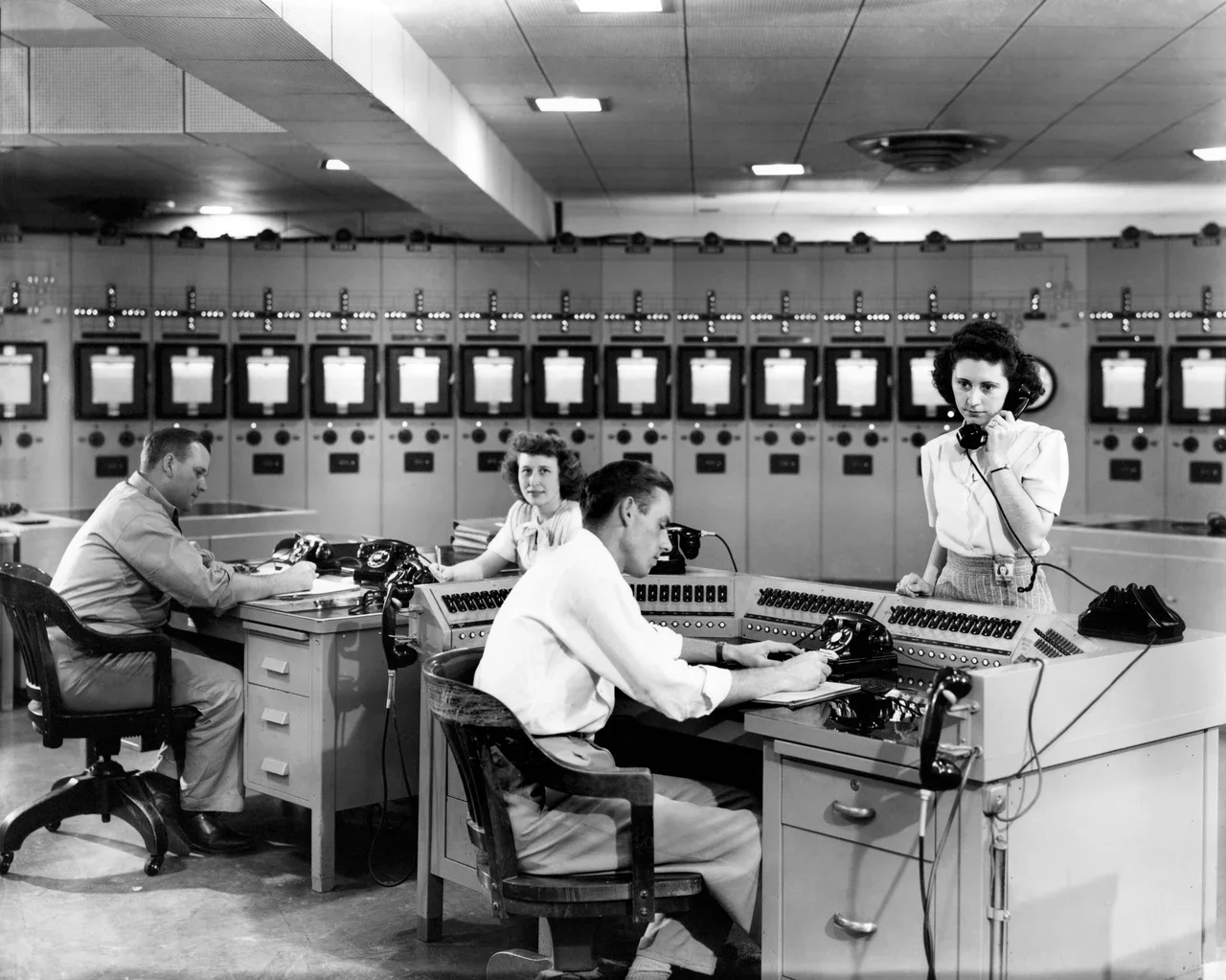 Workers in the K-25 control room, historical archive