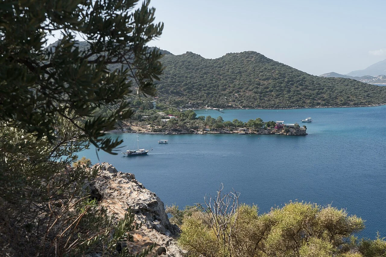 Coast and islets seen from the Lycian Way near Kaş; November 2023.
