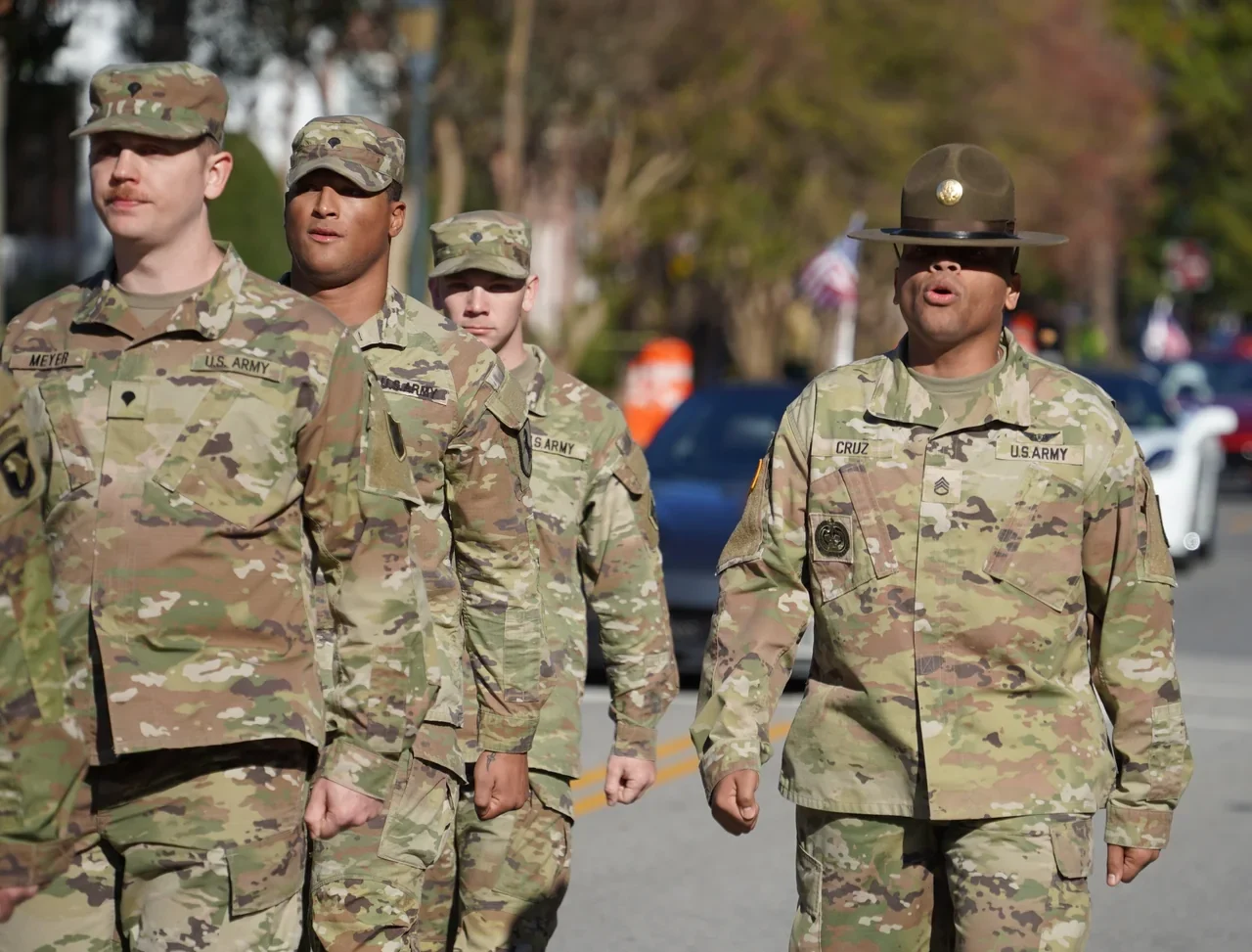 Army formation marching at Fort Monroe during the archived9November2024 parade