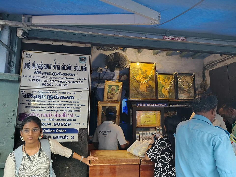 Serving counter at Iruttukadai halwa shop in Tirunelveli