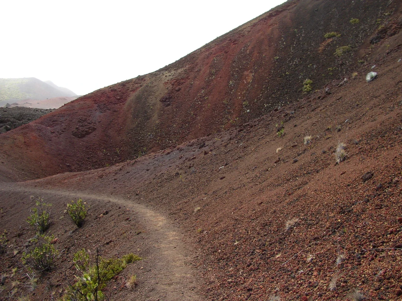 Naturally colored cinder slope and trail in Haleakala Crater, NPS archive