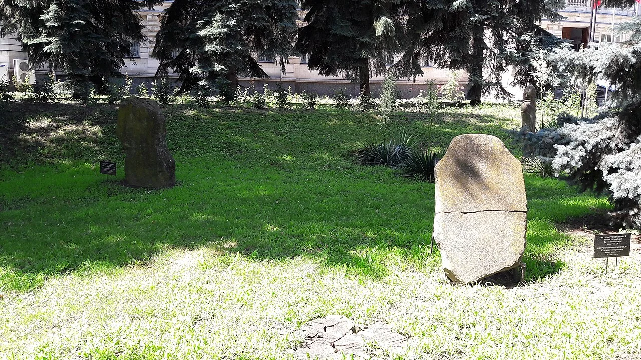 Stone exhibits in the courtyard of the National History Museum in Chișinău; July 2021.