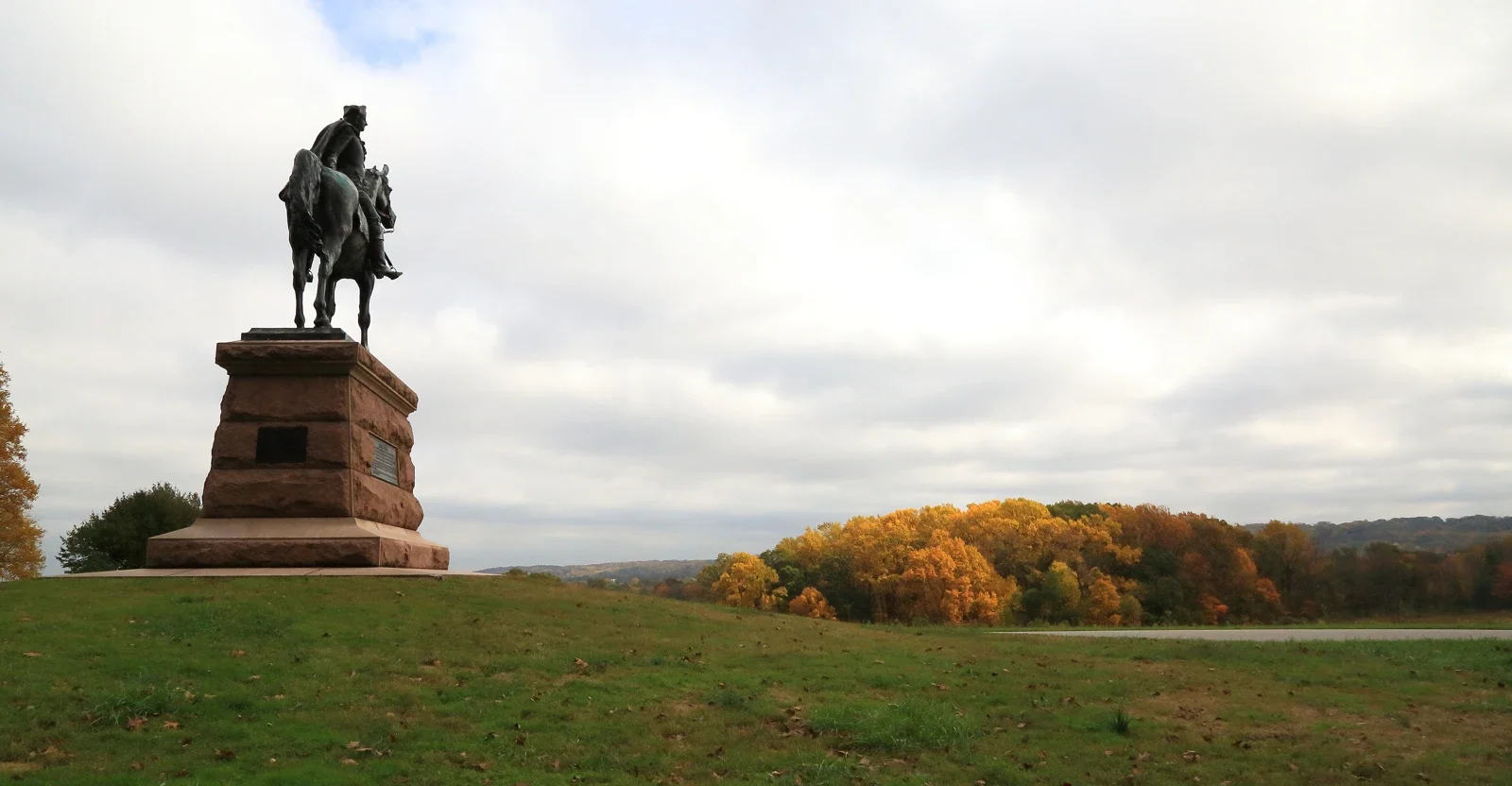 General Wayne equestrian statue and autumn hills at Valley Forge