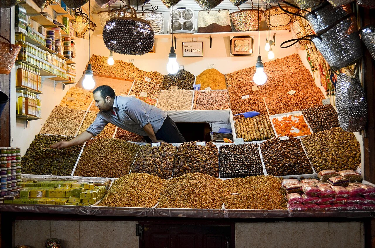 Dried-fruit and nut stall in Marrakech souk, January 2014; not current stock or prices.