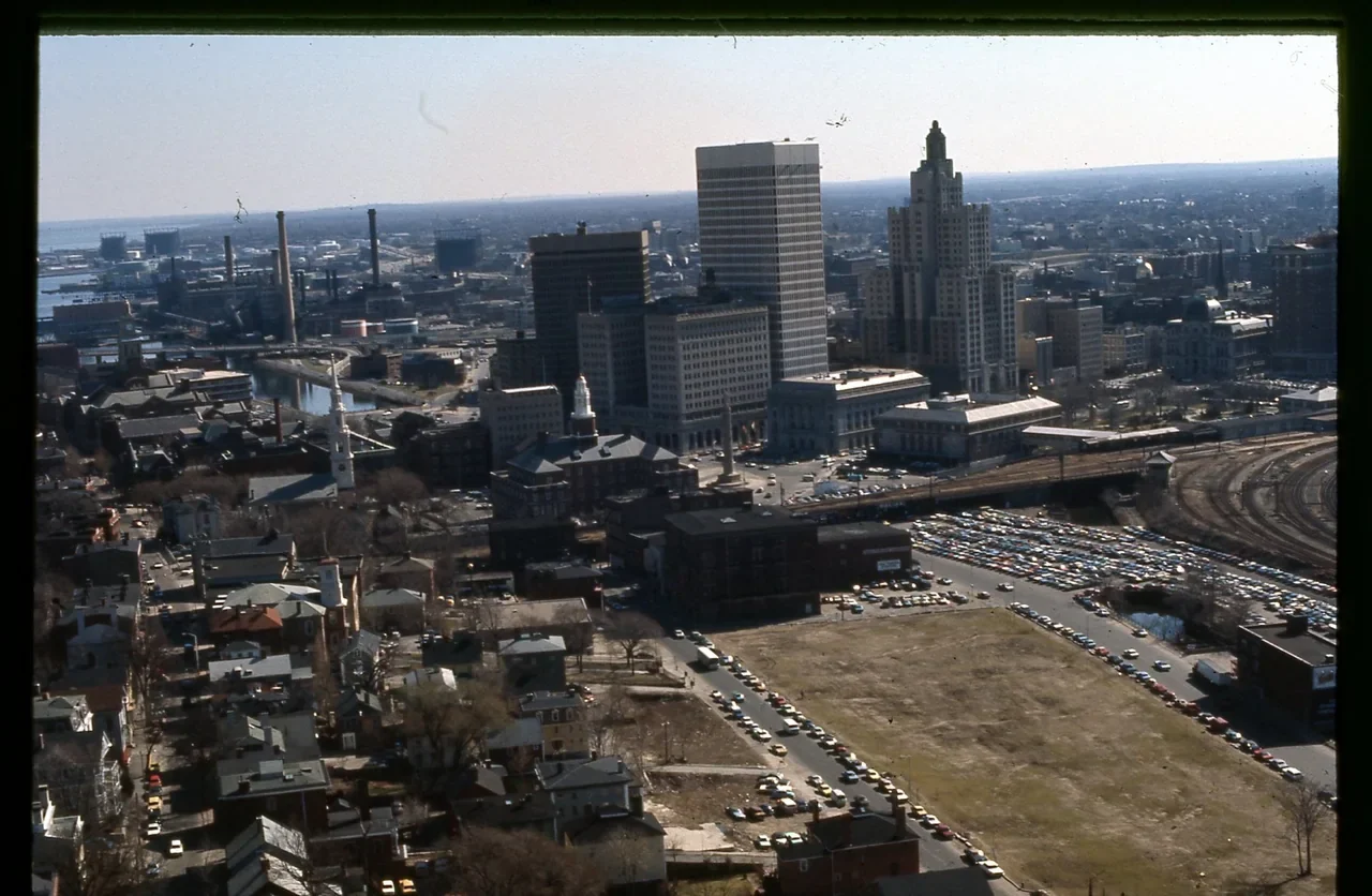 Aerial view south towards downtown Providence in the 1970s, NPS archive