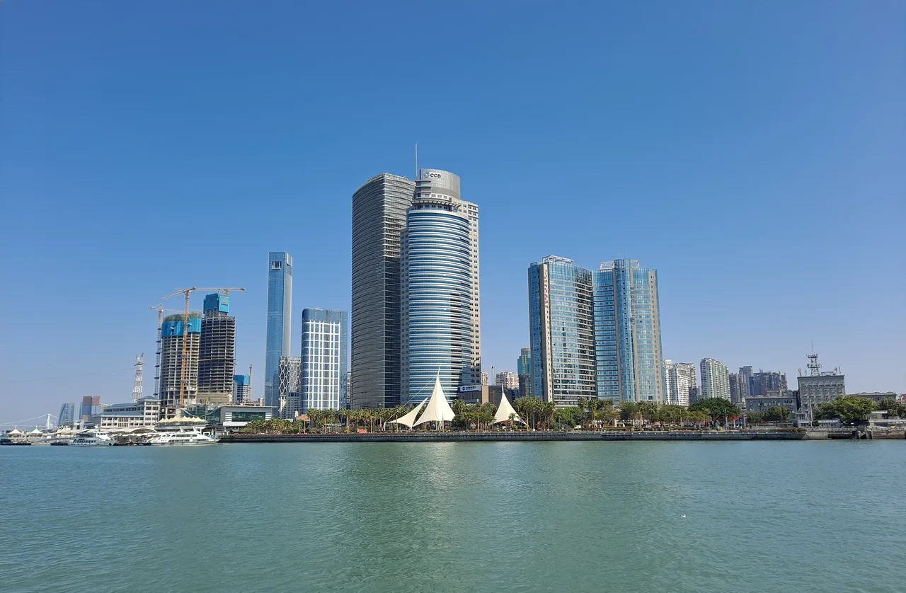 High-rise buildings on the Xiamen waterfront viewed from Gulangyu, February 2025