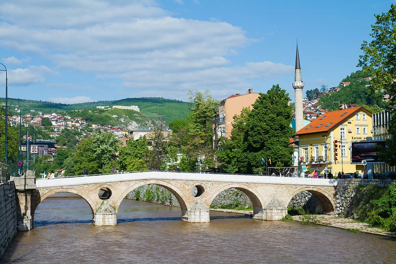Stone arches of Latin Bridge and the Miljacka bank in Sarajevo, May 2012.