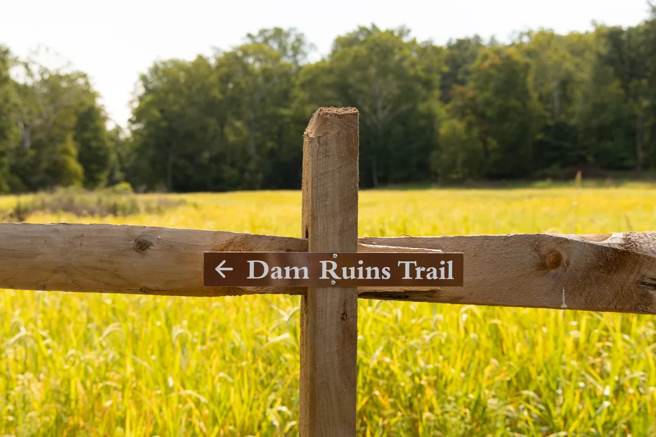 Monocacy Dam Ruins patikasını gösteren yön tabelası, NPS arşivi; harabe ayrıntısı değildir