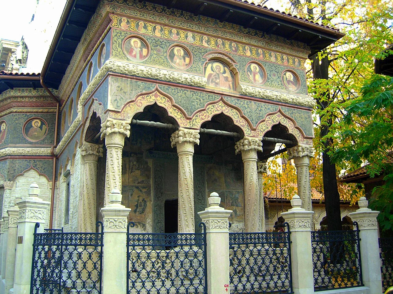Decorated entrance and columns at Stavropoleos, Bucharest, November 2010; not current visiting arrangements.
