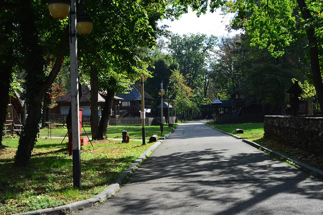 Tree-lined path at the Village Museum, Bucharest, October 2024; not confirmation that all building interiors are currently open.