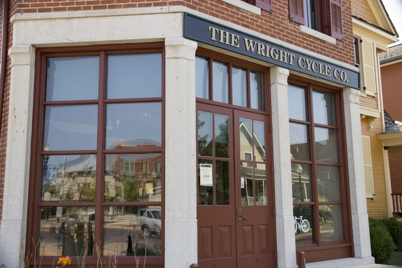 Archival facade of the historic Wright Cycle Company shop on South Williams Street in Dayton