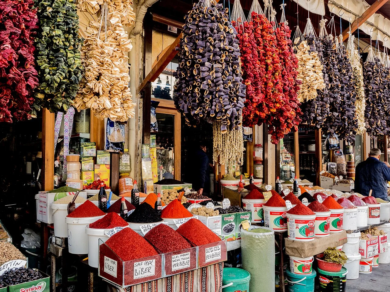 Dried products and spice display in Gaziantep bazaar, November 2014; any older price labels are not current, and no specific Almacı business is asserted.