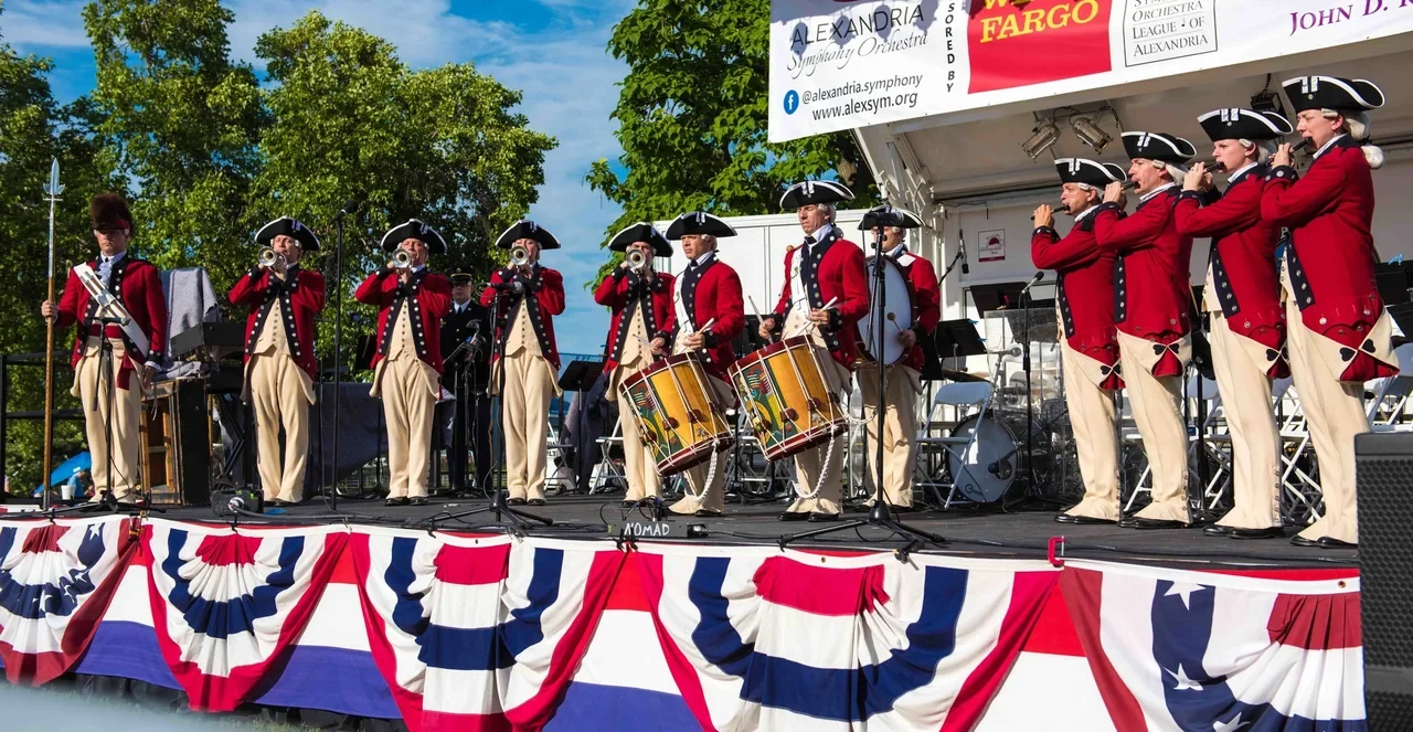 Musicians in historical uniforms at Oronoco Bay Park, 8 July 2017 performance; not a current event
