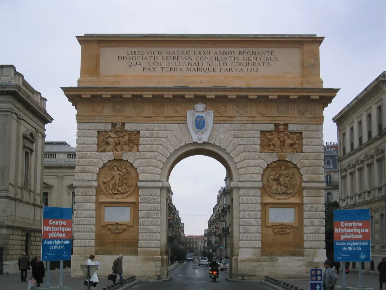 Porte du Peyrou triumphal arch and historic reliefs in Montpellier, March 2005
