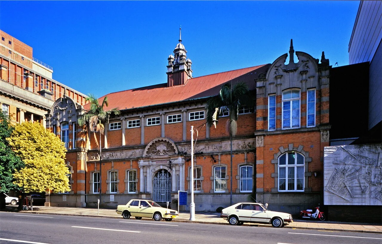 Archival 1988 exterior view of Natal/KwaZulu-Natal Museum at 237 Jabu Ndlovu Street; Janek Szymanowski, not a current entrance view