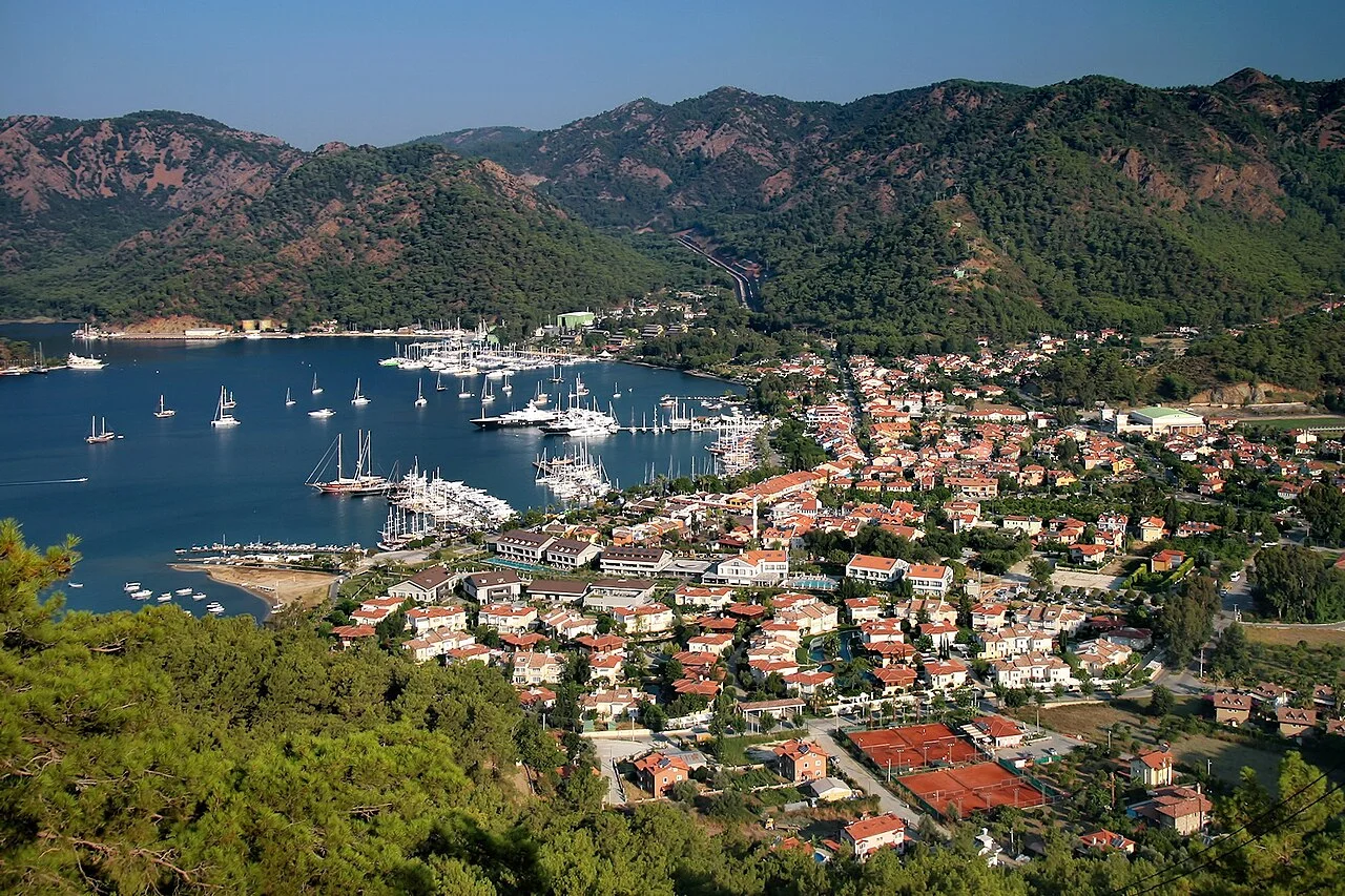 Göcek settlement and bay viewed from Tülütepe; August 2014.