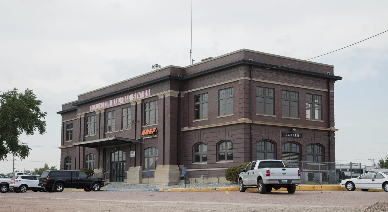 Brick frontage of the Burlington railway depot, 2015 archive