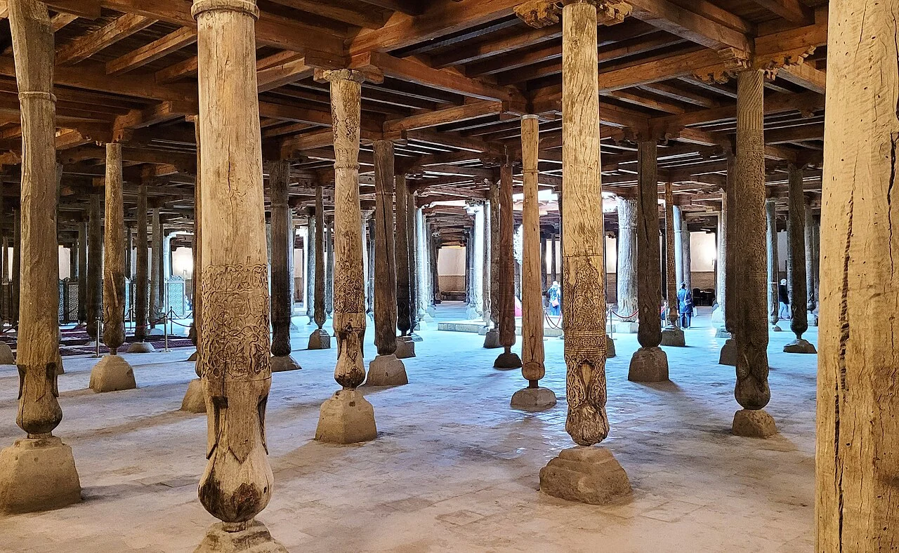 Wooden columns at Juma Mosque in Khiva; October 2023