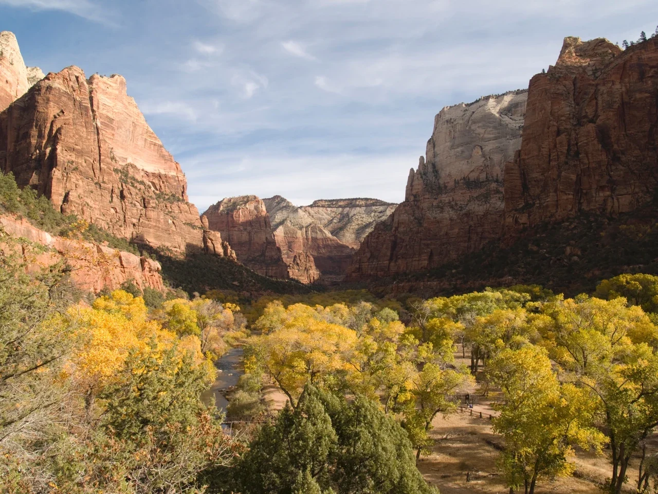 Zion Canyon and natural riverside trees in autumn, NPS archive