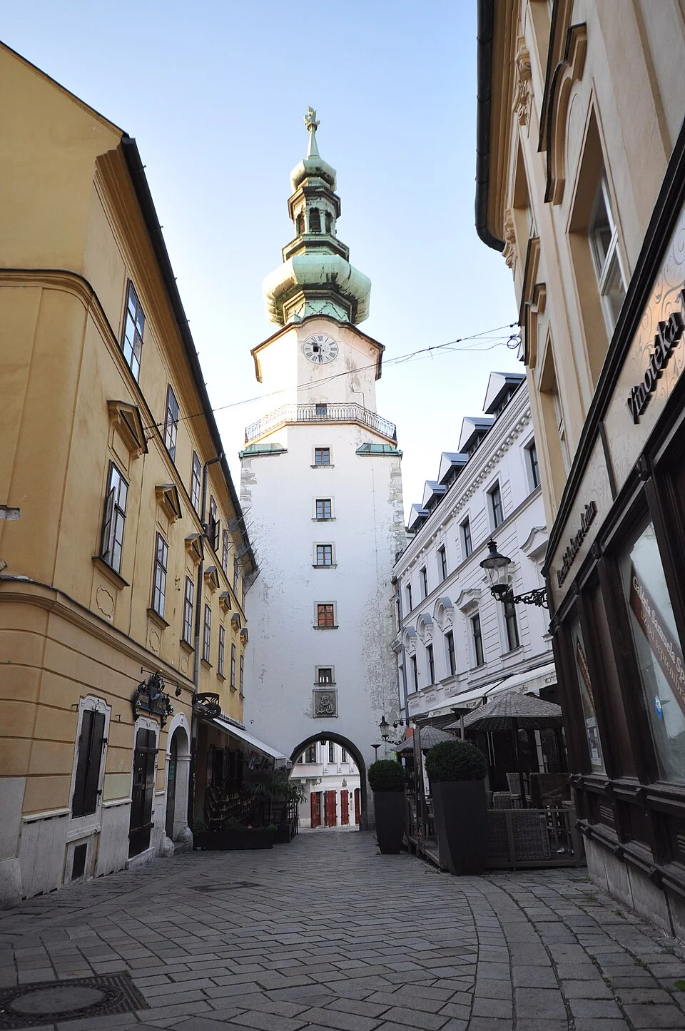 Old-town street around Michael’s Gate, Bratislava, August 2012; signs do not provide current business recommendations.