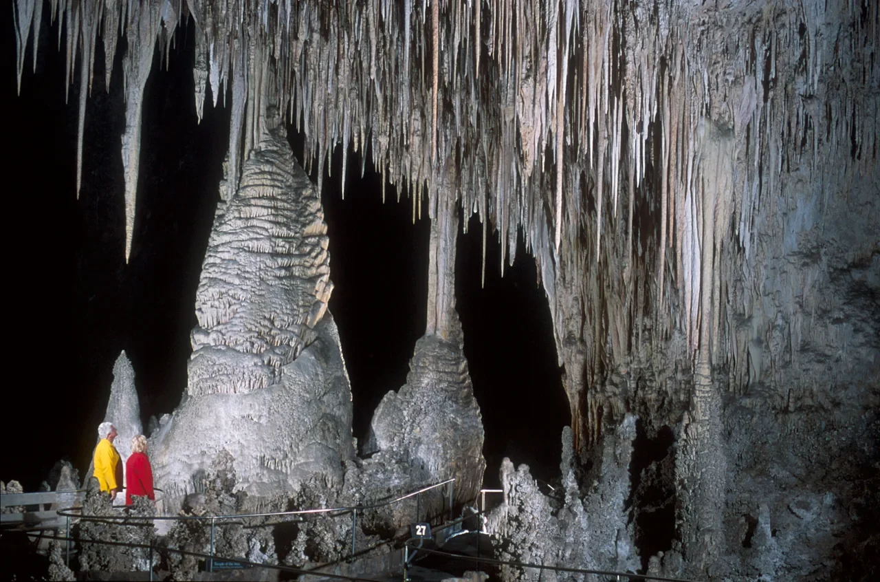 Archival natural column and stalactites known as Temple of the Sun in Carlsbad Cavern Big Room