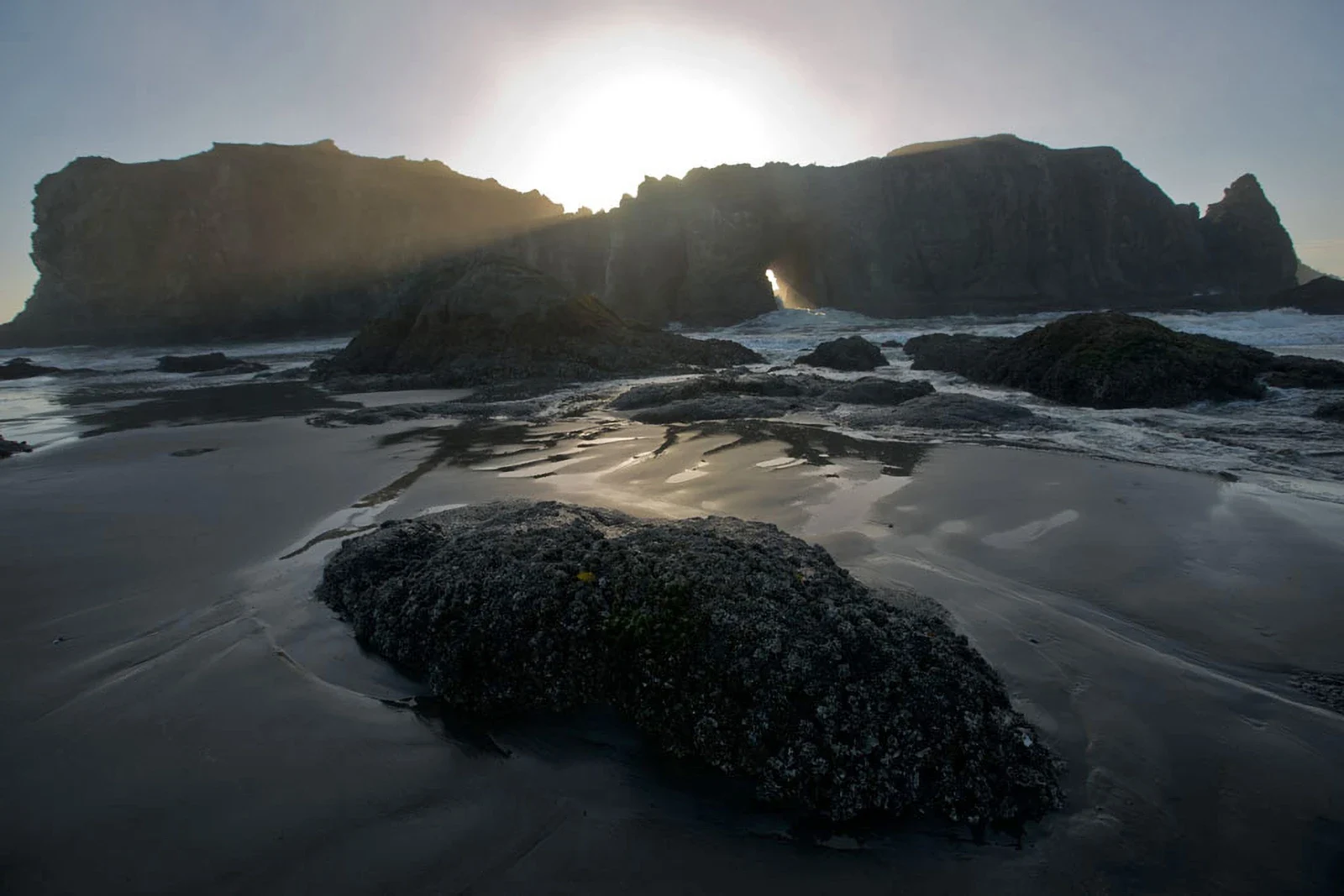 Coquille Point kıyısında Elephant Rock arşiv görünümü; Coos Bay merkezi değildir