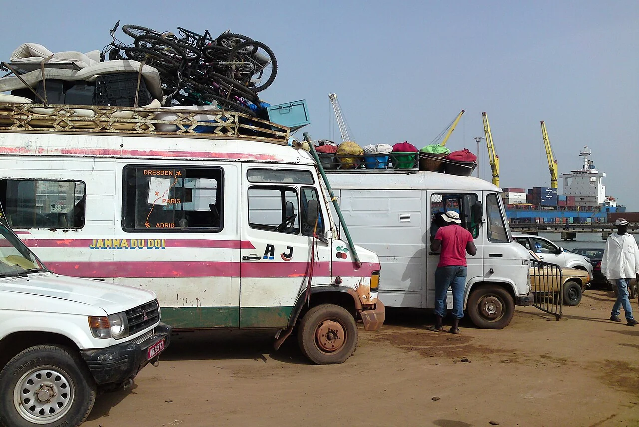 Vehicles near Banjul harbour; July 2014, not current service information