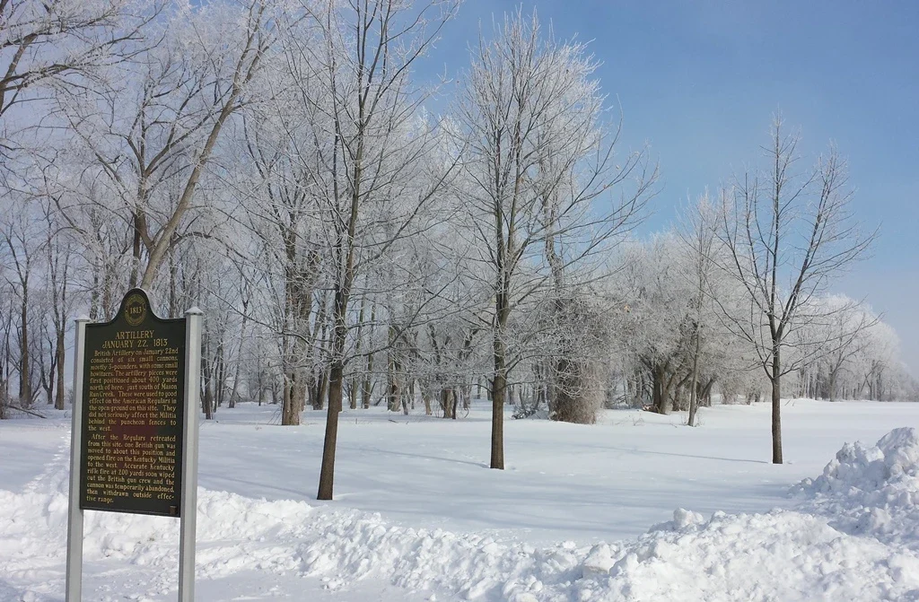 River Raisin artillery marker and snow, NPS winter archive