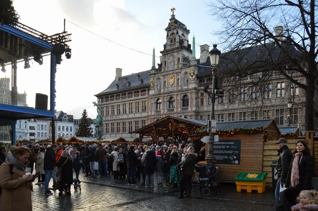 Christmas market at Antwerp's Grote Markt in 2024, archival photograph