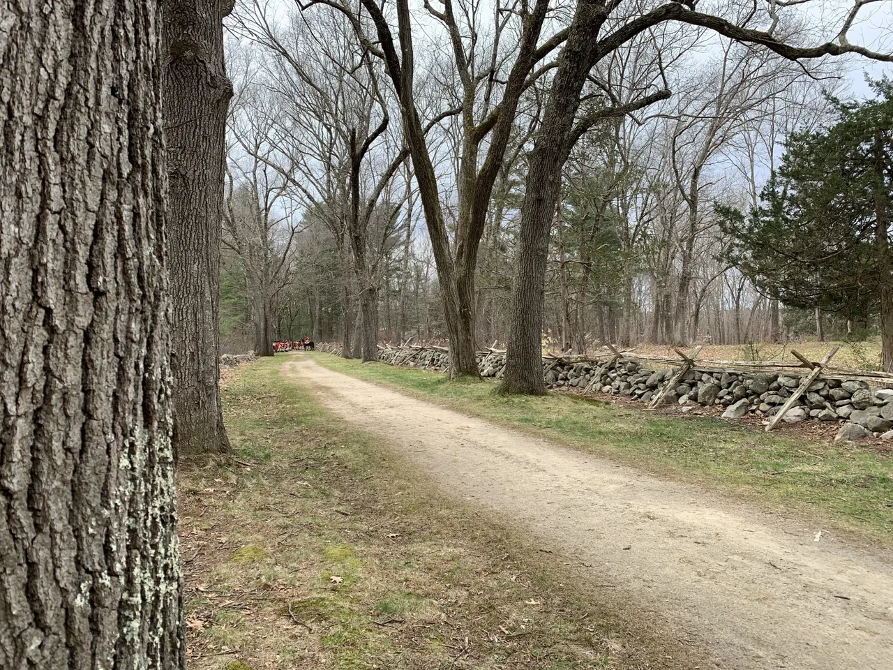 Battle Road path and distant historical reenactors, archive