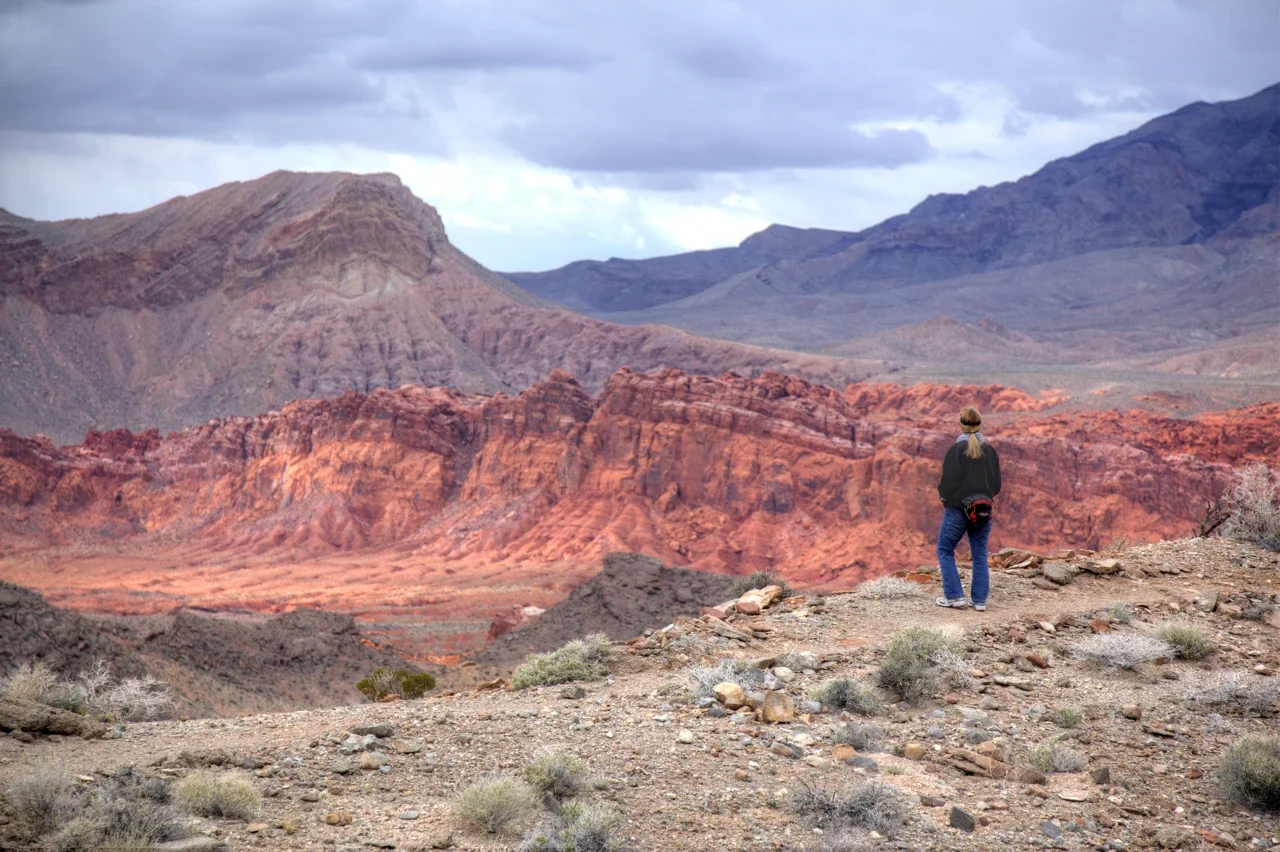 Visitor looking toward Bowl of Fire formations, NPS archive