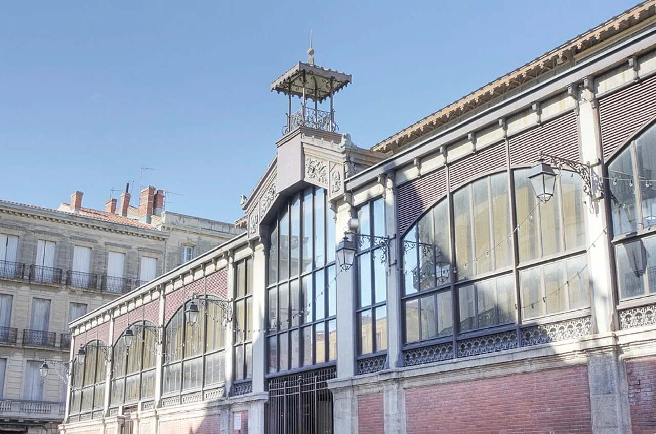 Historic iron and glass facade of Béziers Halles, 16 September 2012; not current stalls or a food scene.