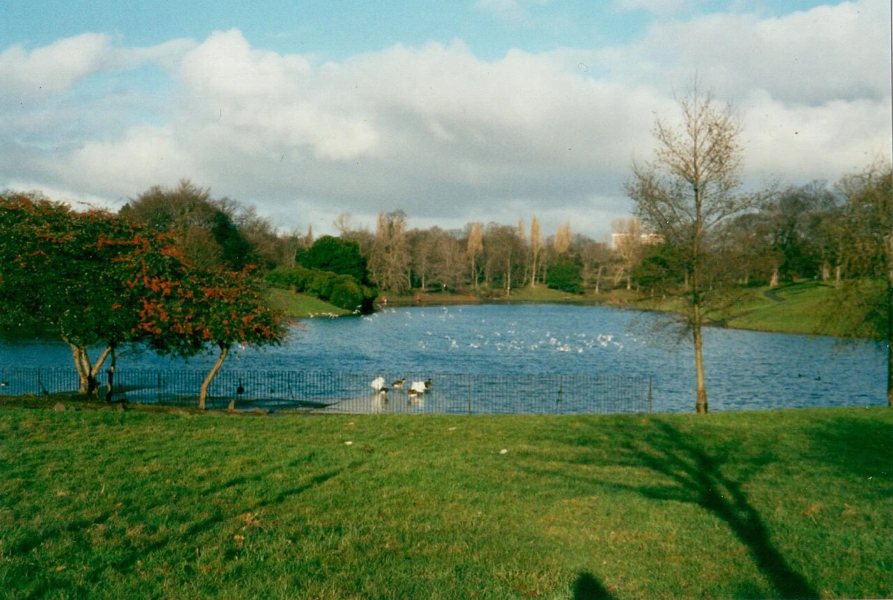 Lake, trees and grassy banks in Liverpool’s Sefton Park; December 1999 archive image, not a depiction of current facilities.