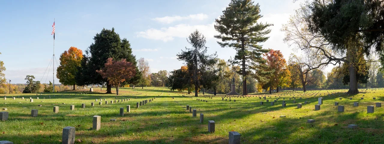 Full-frame autumn panorama of Fredericksburg National Cemetery, NPS archive