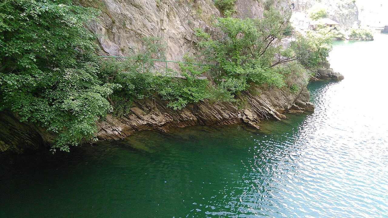 Rock, greenery and water around Matka canyon, May 2015; context for a nature-day meal plan, not proof of present facilities or menus.