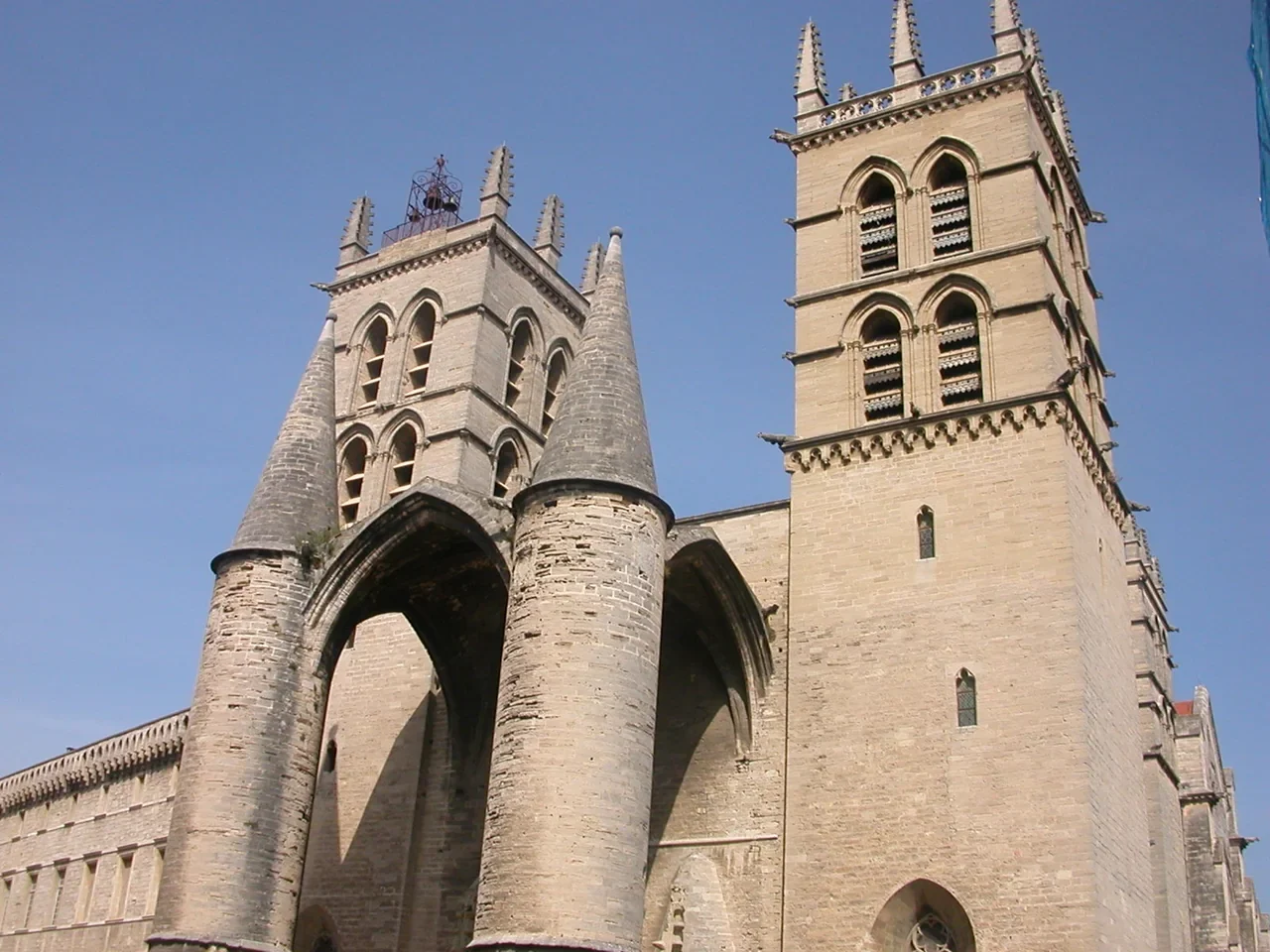 Stone entrance pillars and towers of Montpellier Saint-Pierre Cathedral, archive photo uploaded in 2006
