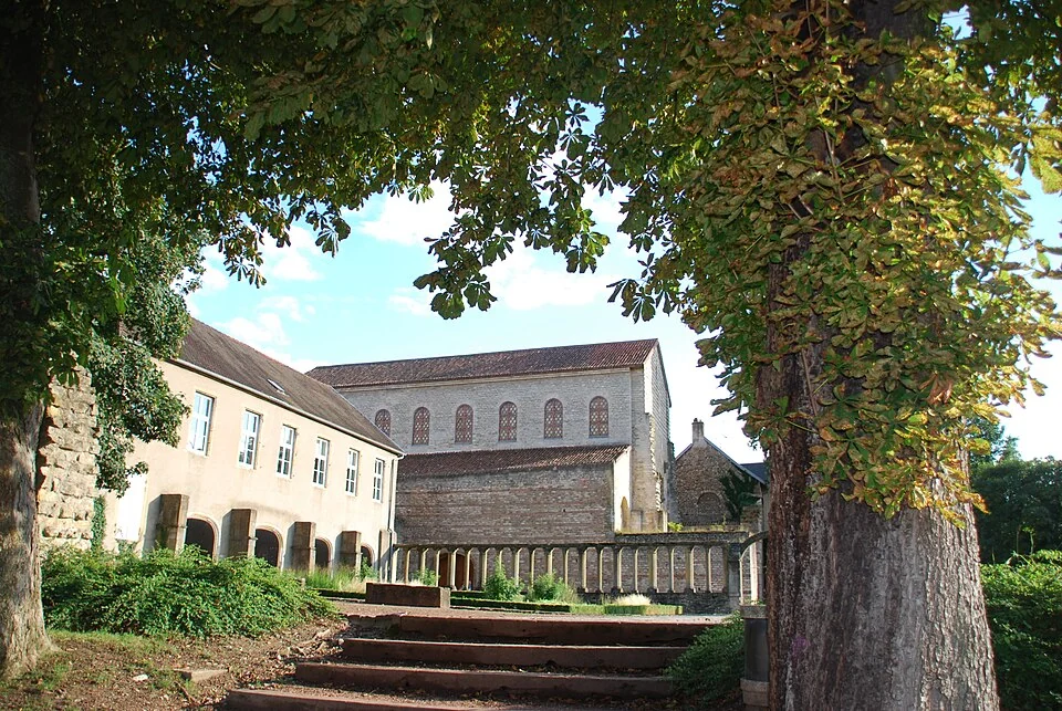 Historic Saint-Pierre-aux-Nonnains building, trees and entrance steps;photographed18August2010.
