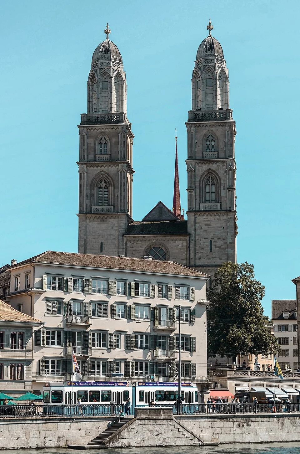 Grossmünster twin towers and the Limmat waterfront, Zurich; September 2019, not the current view during the 2025–2029 renovation.
