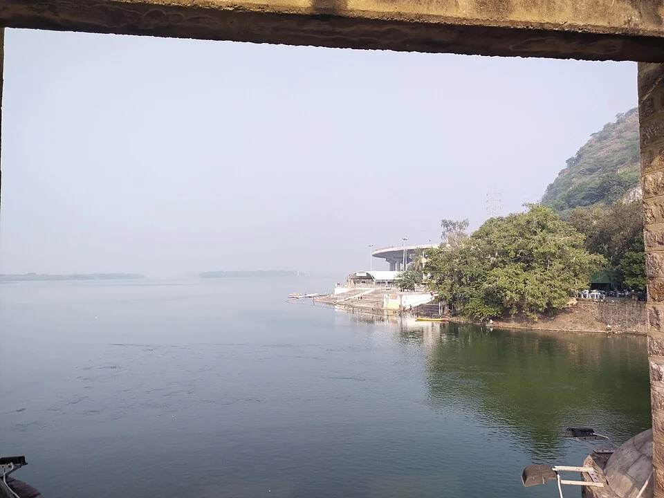 Krishna River viewed from the Prakasam Barrage setting