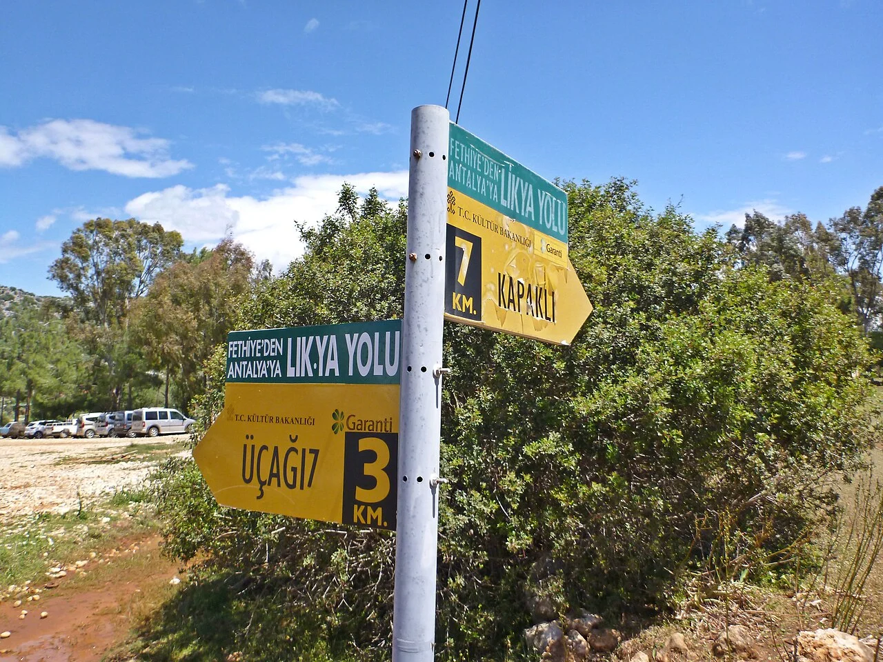 Lycian Way direction signs near Kekova; April 2014 archive photograph, not a substitute for current navigation.