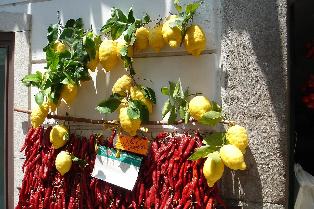 Lemons and dried peppers displayed in Amalfi, 2005