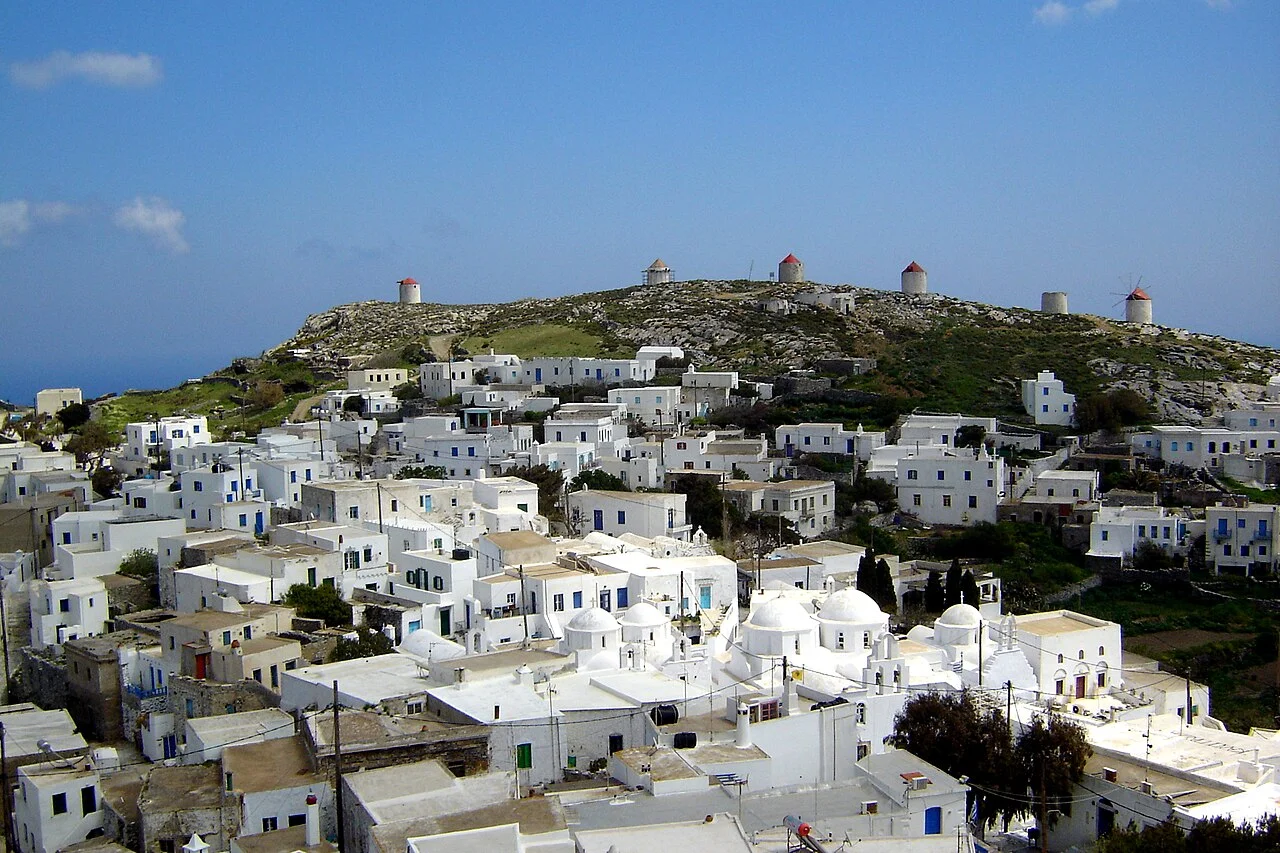 Chora settlement and hilltop windmills on Amorgos, 2009