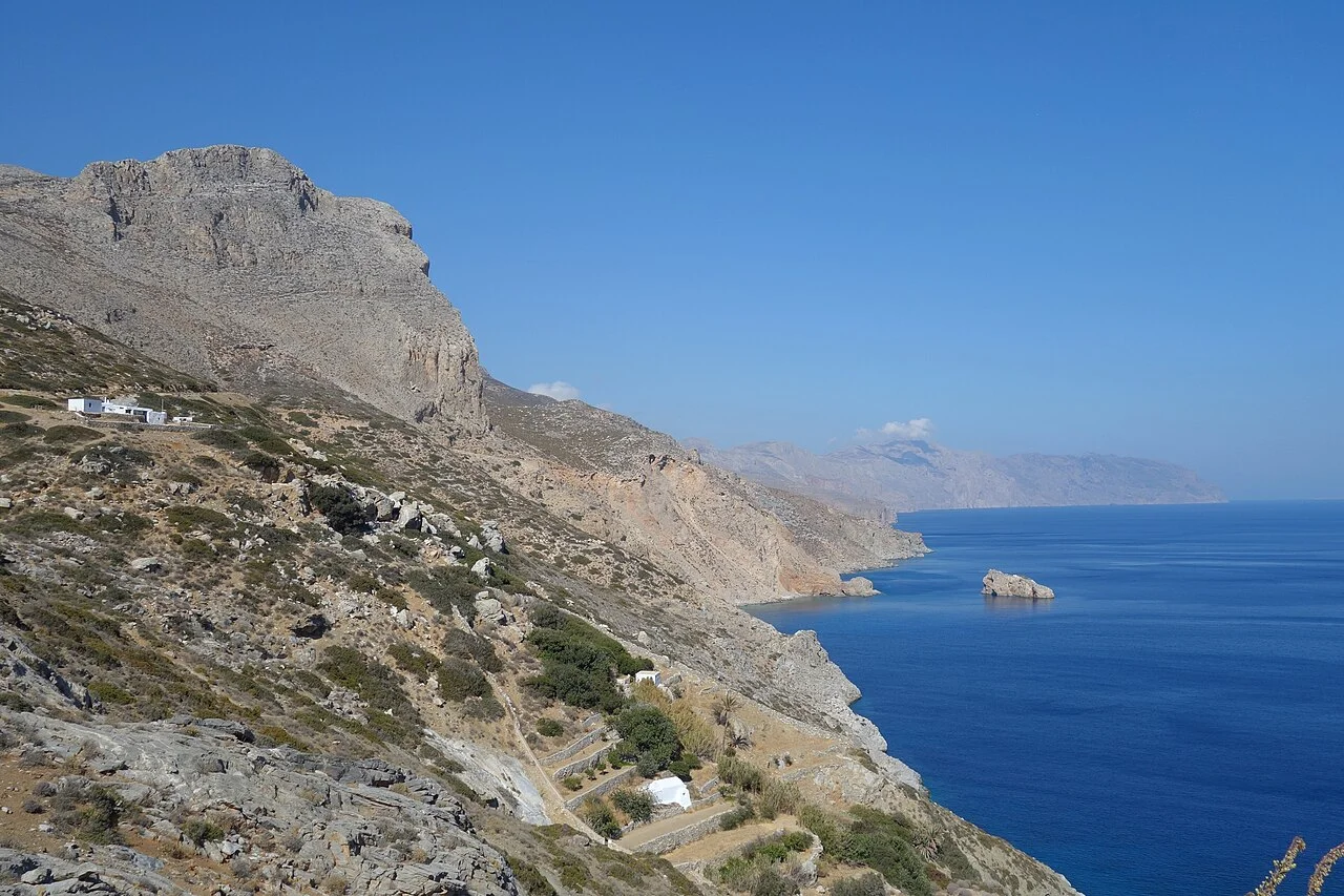 View towards the Agia Anna coast from the Hozoviotissa direction, Amorgos, 2018