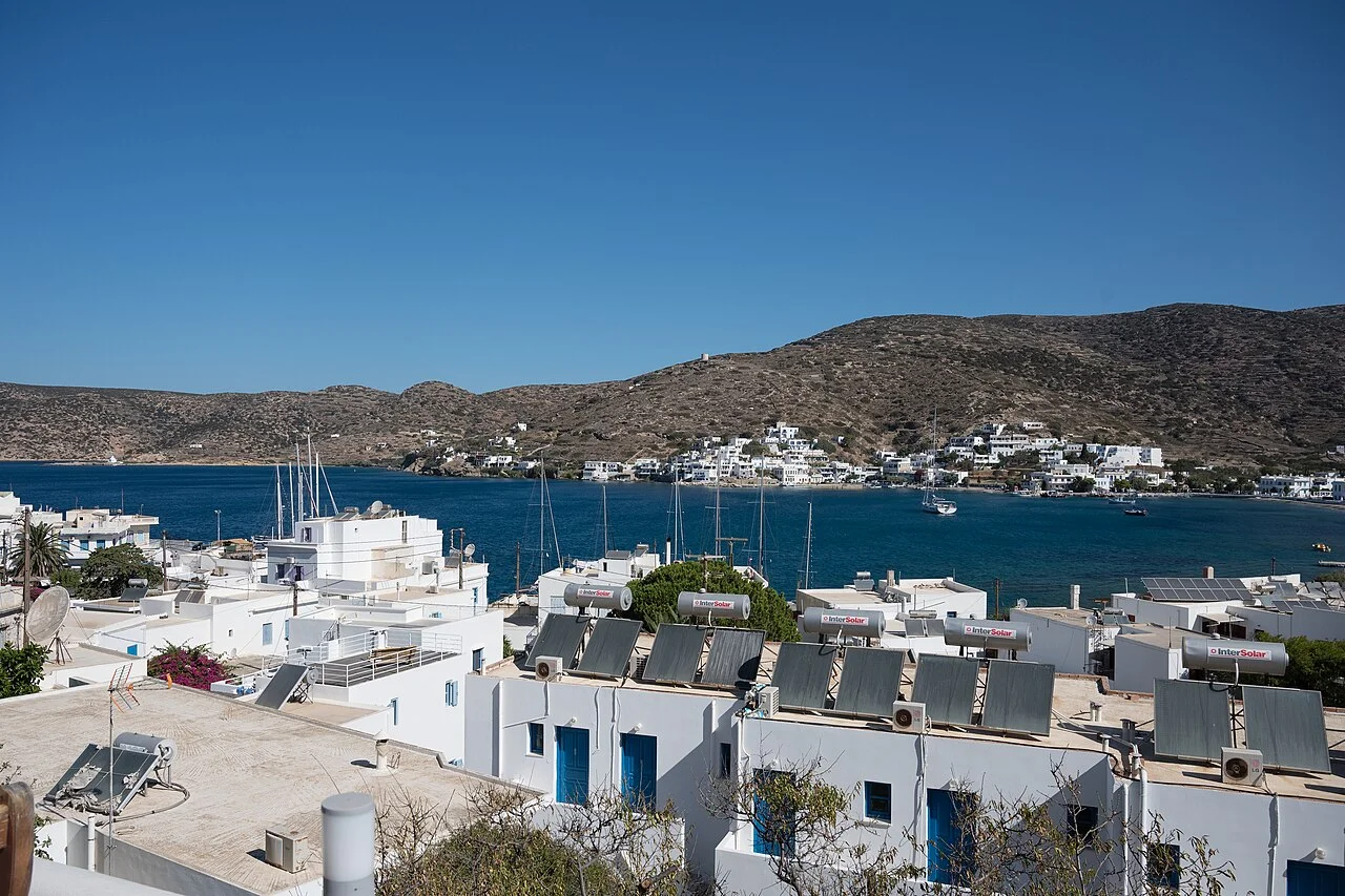View across Katapola bay from the south towards the northwest coast, Amorgos, 2021