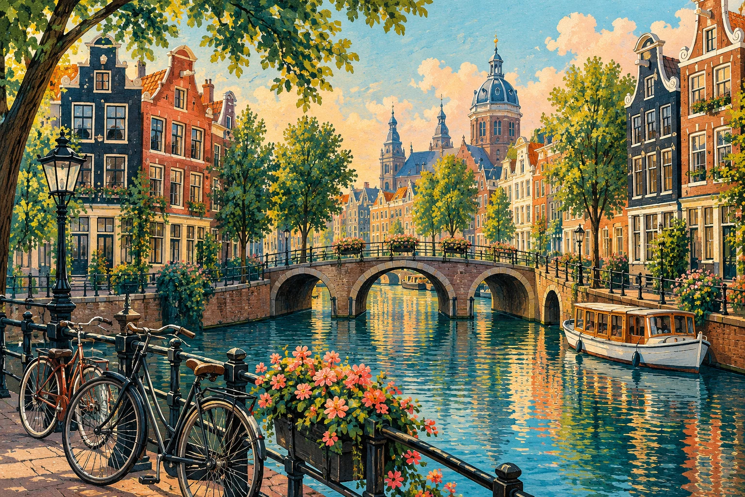 Kanal evleri, kemerli köprü, tekne ve bisikletlerle Amsterdam temalı illüstrasyon.