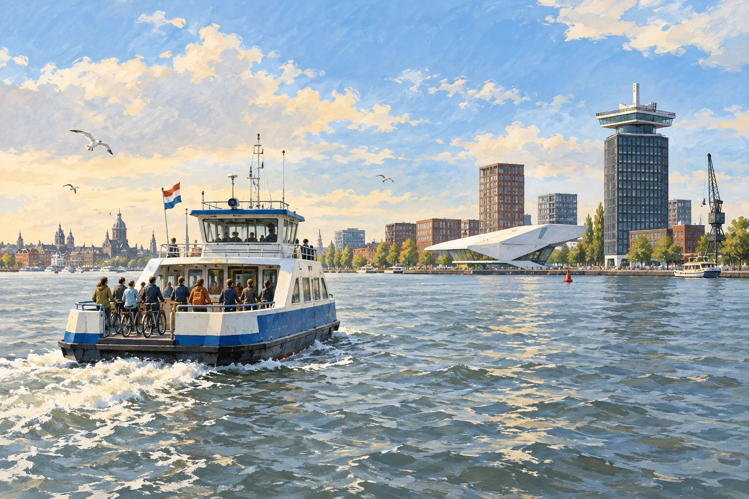 Amsterdam Noord'a geçişi temsil eden IJ kıyısı ve yolcu vapuru illüstrasyonu.