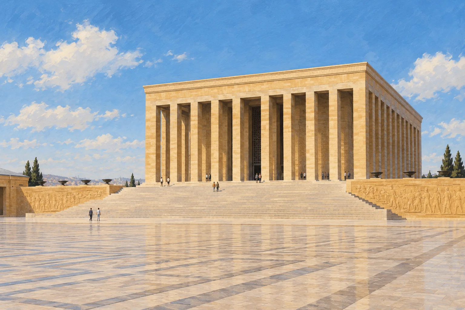 Anıtkabir'in sütunlu anıt yapısı ve tören alanından ilham alan Ankara illüstrasyonu.